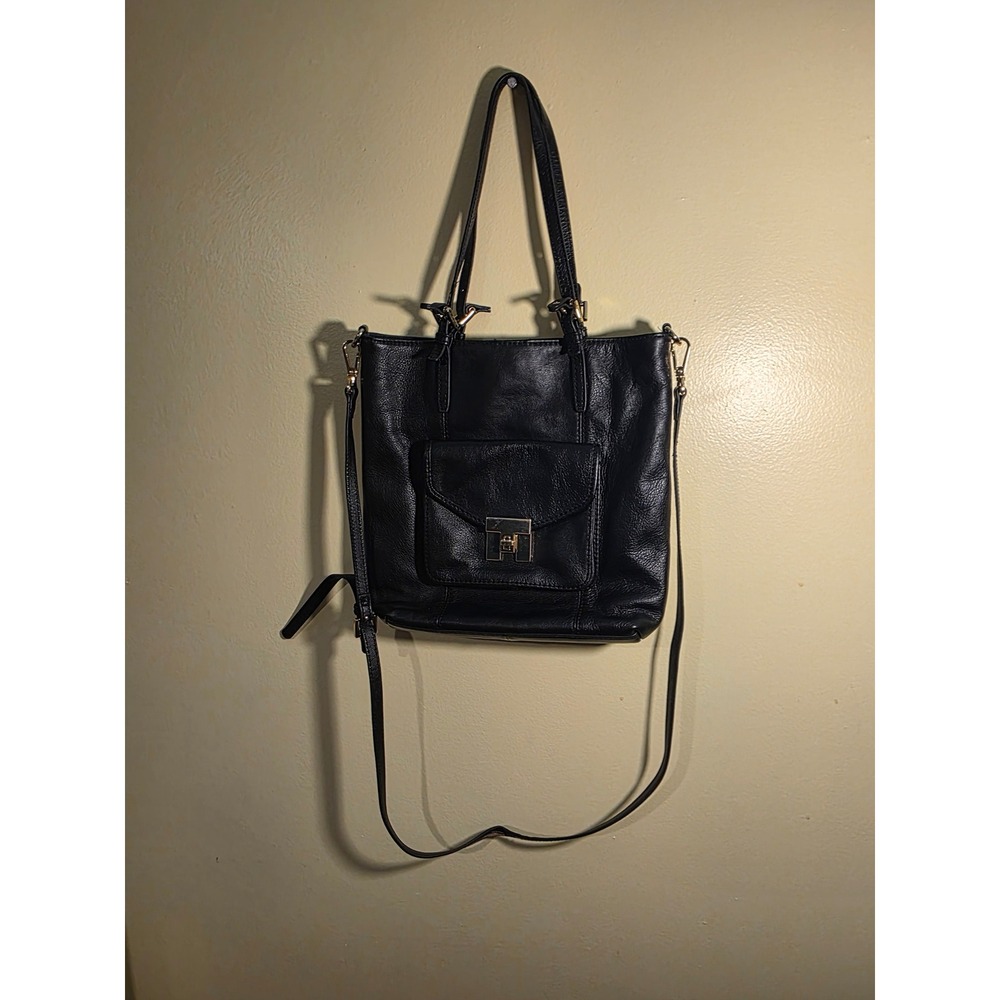 Tommy Hilfiger Black Pebbled Leather Tote Crossbody Bag Gold H Turn Lock